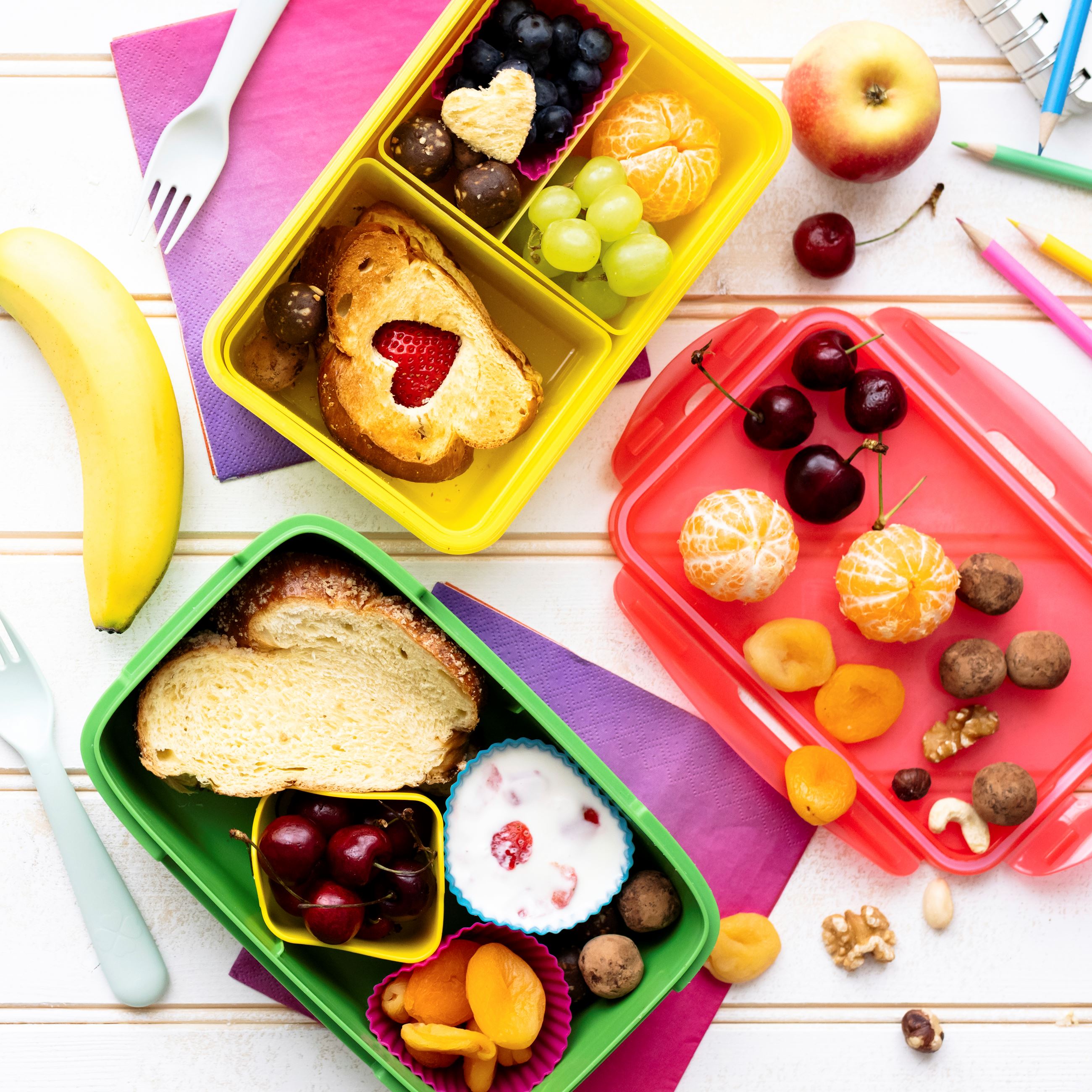 Kids lunch with food and healthy snacks