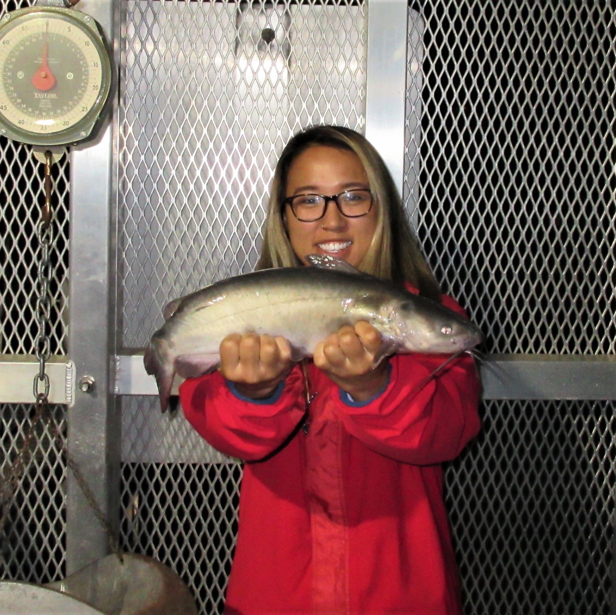 Elizabeth Wang Kearny Mesa 3lb 3oz cat shrimp, log boom, 1st fish