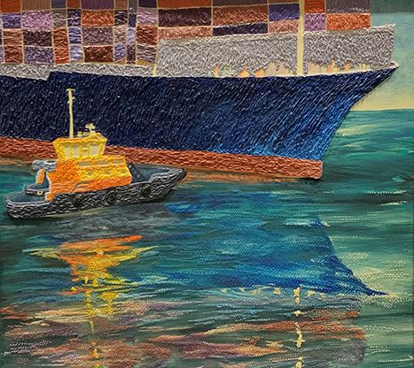 artwork depicting a ship in the water