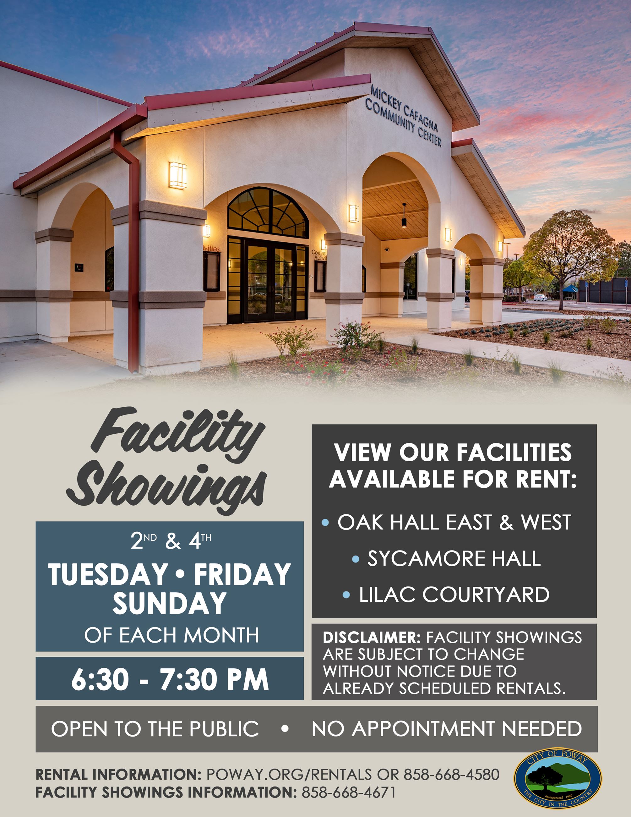 Mickey Cafagna Community Center Facility Showing Information Flyer