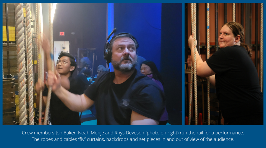 Crew members Jon Baker, Noah Monje and Rhys Deveson (photo on right) run the rail for a performance