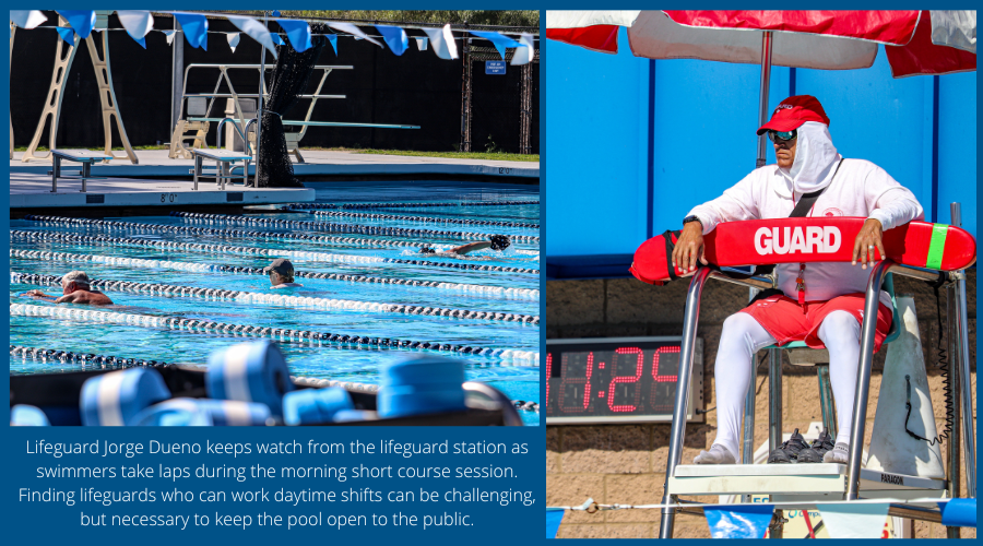 Lifeguard Jorge Dueno keeps watch from the lifeguard station as swimmers take laps.